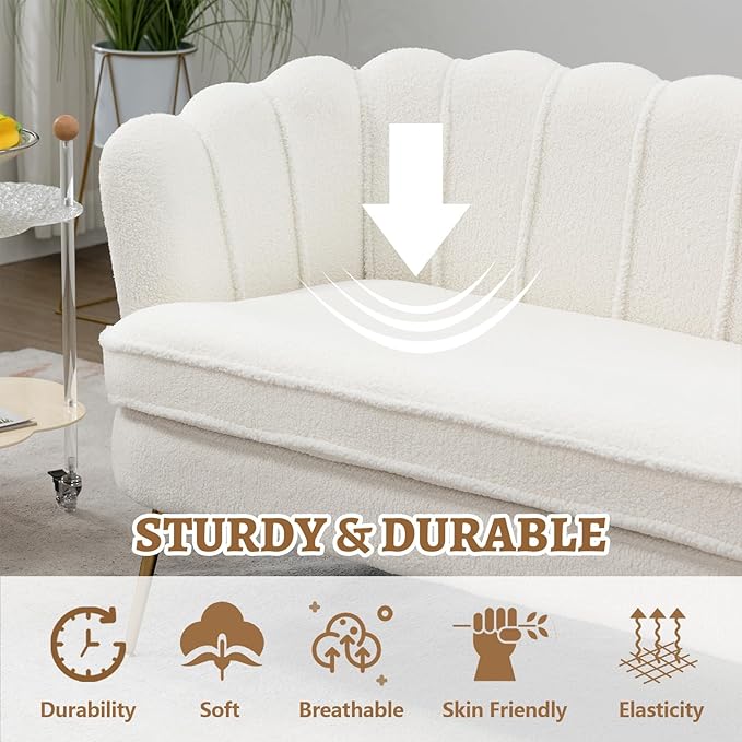 59 Small Loveseat Sofa 2-Seater Modern Chenille Couch with Gold Metal Legs &amp Floral Backrest Compact Apartment Sofa for Living Room Bedroom Office Dorm (Boucle Ivory)