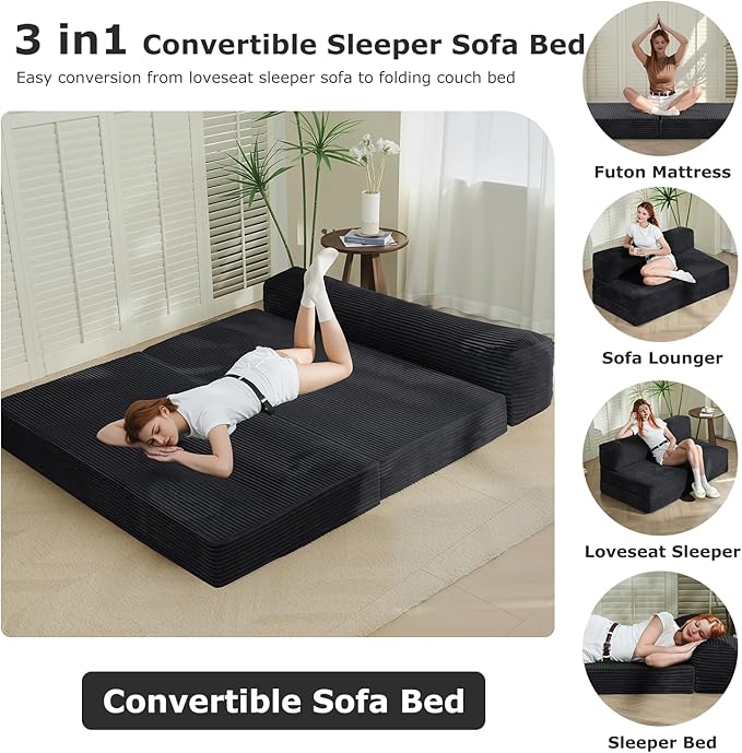 6-inch Folding Mattress Convertible Sofa Bed Foldable Floor Mattress Sleeping Couch with Removable Corduroy Cover &amp Carry Handles High-Density Foam Guest Bed Mattress (Black Queen)
