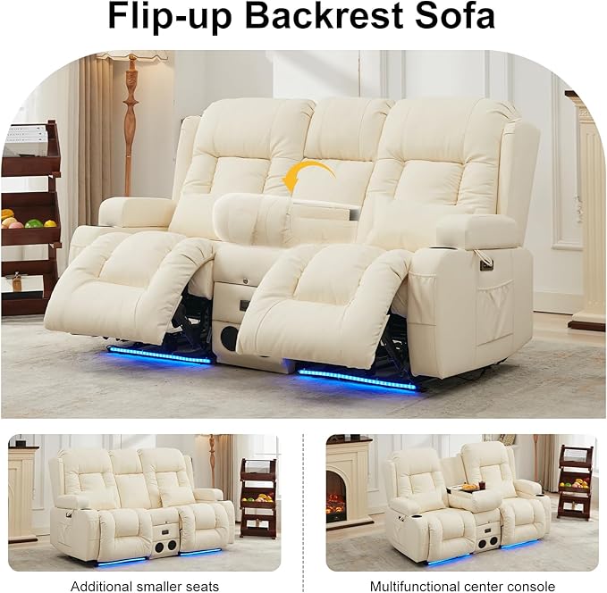 TUNYI Power Loveseat Recliner Sofa with Massage &amp Heat Home Theater Seating with Console RV Recliner Loveseat Sofa with USB/Storage/Side Pocket/LED Light/Speaker (Cream White Loveseat)