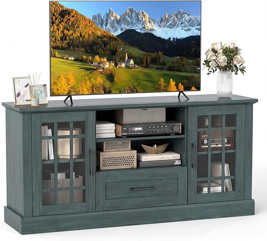 Tangkula Farmhouse TV Stand for TV up to 65 70 Inches Tall Media Console Table with 2 Glass Storage Cabinets 1 Drawer &amp 2 Open Shelves Wooden Entertainment Center for Living Room (Vintage Green
