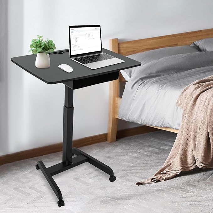 Mobile Standing Desk 44 Height Adjustable Foot Pedal Rolling Desk Portable Pneumatic Laptop Standing Workstation Cart with Storage Box and Wheels for Home Office Craft &amp Study Black