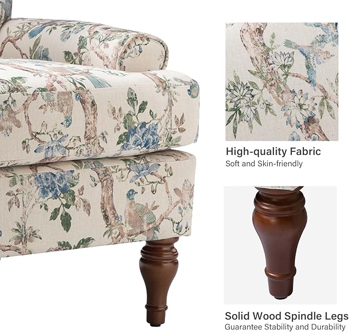 HULALA HOME Accent Chair with Solid Legs &amp Removable Cushion Blue Floral Comfy Upholstered Armchair Leisure Single Sofa Chair for Living Room Bedroom