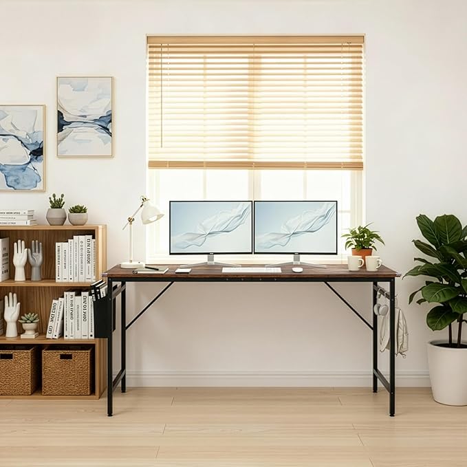 VINGLI 63 Inch Computer Office Modern Simple Gaming Desk with Side Fabric Drawer &amp Hook Up Wear-Resistant Surface Writing Desk Work Desk for Bedroom Living Room Rustic Brown