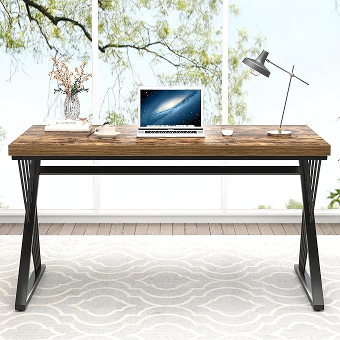 FOLUBAN Home Office Desk Modern Wood and Metal Computer Desk Simple Writing Work PC Desks for Bedroom Industrial Study Gaming Table for Living Room Rustic Brown 53 Inch