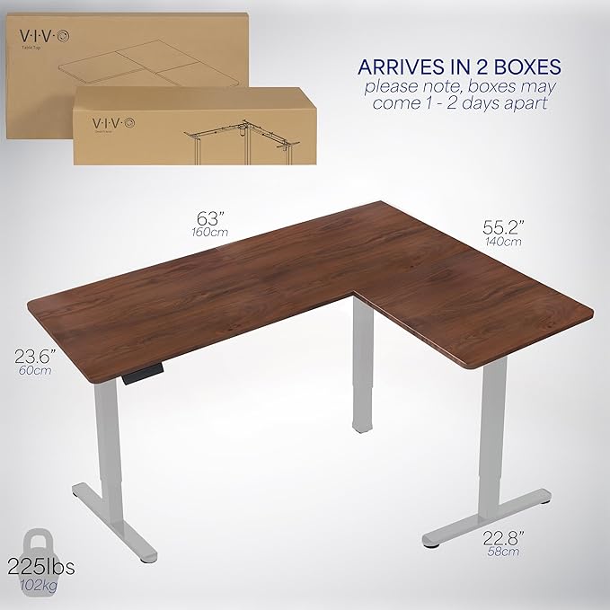 VIVO Corner Standing Desk 63 x 55 inch Reversible L-Shaped Workstation Electric Height Adjustment Home Office and Reception Rooms Dark Walnut Table Top Gray Frame DESK-E3CTGD