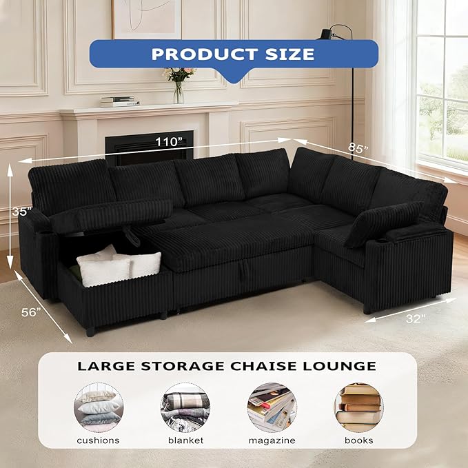 110” Corduroy Sectional Sofa w/Pull Out Bed &amp Storage Chaise Reversible U Shaped Sofa w/Storage Armrests &amp Cup Holders Corner Couch w/USB Charging Port &amp Throw Pillow for Living Room Bl