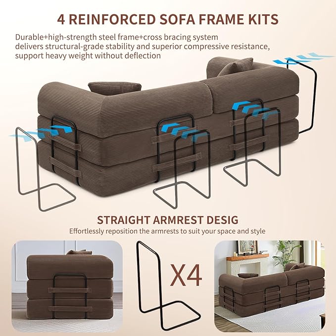 Convertible Sleeper Sofa Bed 1600lbs Weight Capacity Floor Sofa Bed with Fixed-Shape Frame Corduroy Foldable Couch for Small Space Lounge Mattress for Living Room Apartment Game Room (Brown)