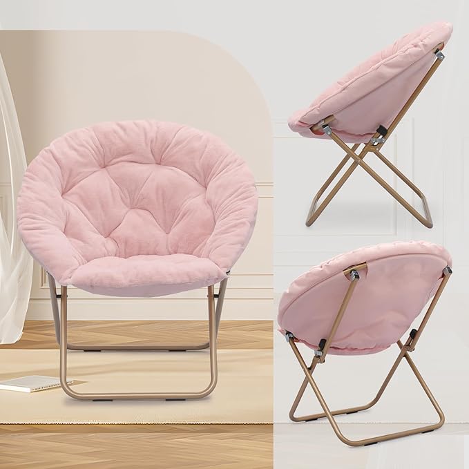 Athena Collection Round Saucer Chair with Ottoman Set for Adults Oversize Comfy Cozy Faux Fur Folding Reading Chair with Metal Leg Lazy Relaxing for Living Room Bedroom Dorm Apartment Pink