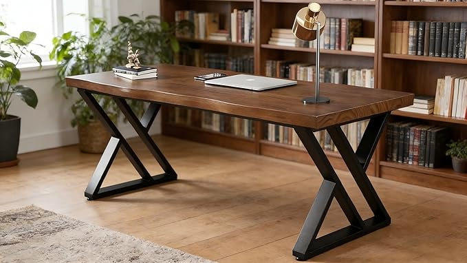 55inch Solid Wood Desk Wide Home Office DeskMetal Modern Industrial Writing Table Workstation Perfect Table for Your workspace Study Table Furniture in Rustic Natural Aged Brown
