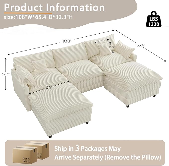 108'' Modular Sectional Sofa U-Shaped Sectional Couch with Deep SeatComfy Fluffy Soft Corduroy 5-Seat Couches Modern Convertible Cloud Sofa with Ottoman for Living Room Apartments(Beige)