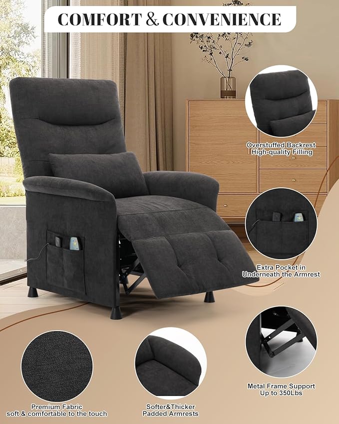 Power Recliner Chair for Adults - Electric Reclining Sofa with Side Pocket &amp Remote Adjustable Recliner for Living Room or Home Theater Seating