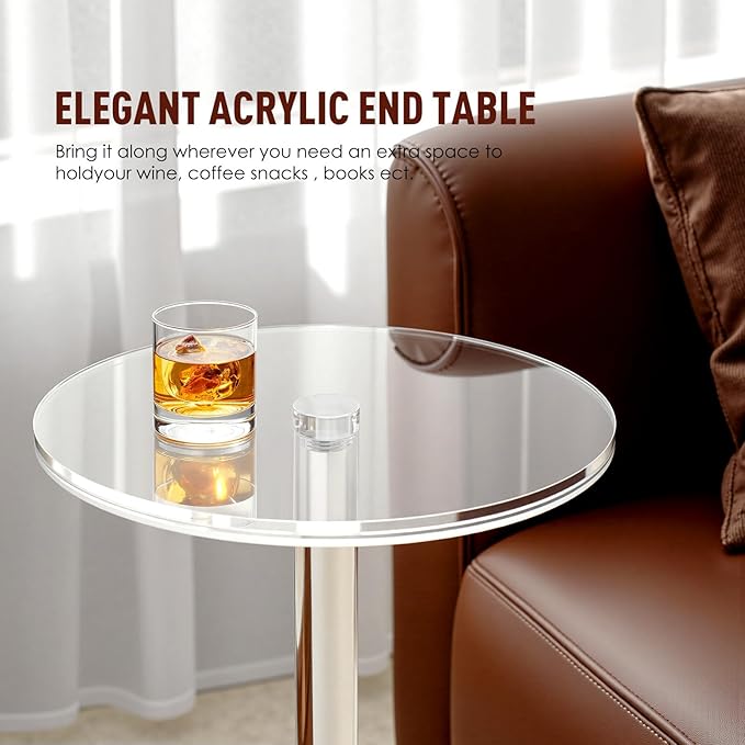 11.8 Round Clear Acrylic End Table - Modern Small Space Side Table for Living Room Bedroom Office Outdoor | Sturdy Easy to Install Multi-Purpose