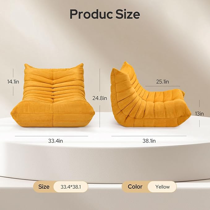 High-end Togo Bean Bag Chair Fireside Chair with Yellow Suede Fabric Cover Comfy &amp Soft Lazy Floor Lounge Sofa for Bedroom Living Room Office or Salon