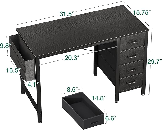 Casaottima 32-Inch Small Computer Desk with 4 Fabric Drawers — Home Office Desks with Storage Writing Desk with Side Hook and Cloth Bag Modern Study/Work Table for Bedroom and Small Space Black
