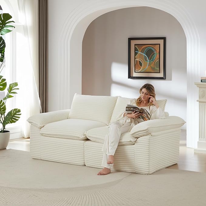 80-Inch Boneless Love Seat Couches in a Box Modern 2 Seat Floor Modular Foam Cloud Sofa Corduroy Loveseat Couch W/Pillow-top Armrests for Home Apartments Bedroom