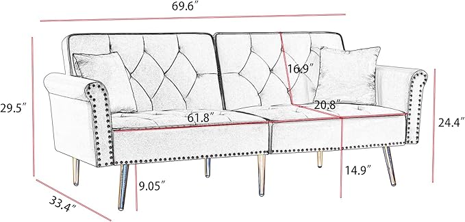 69.6 Velvet Tufted Sofa Couch Copper Nail Decoration Accent Sofa with Metal Legs 2 Pillows &amp Nailhead Trim Convertible Futon Couch Sleeper Sofa Loveseat Futon Sofa Bed for Living Room