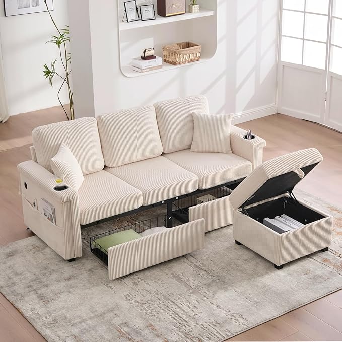 76'' Sectional Sofa Couches for Living Room 3 Seat L-Shaped Couch with Storage &amp Ottoman Corduroy Convertible Sofas with Chaise Apartment with USB Charging Cup Holder (Beige)