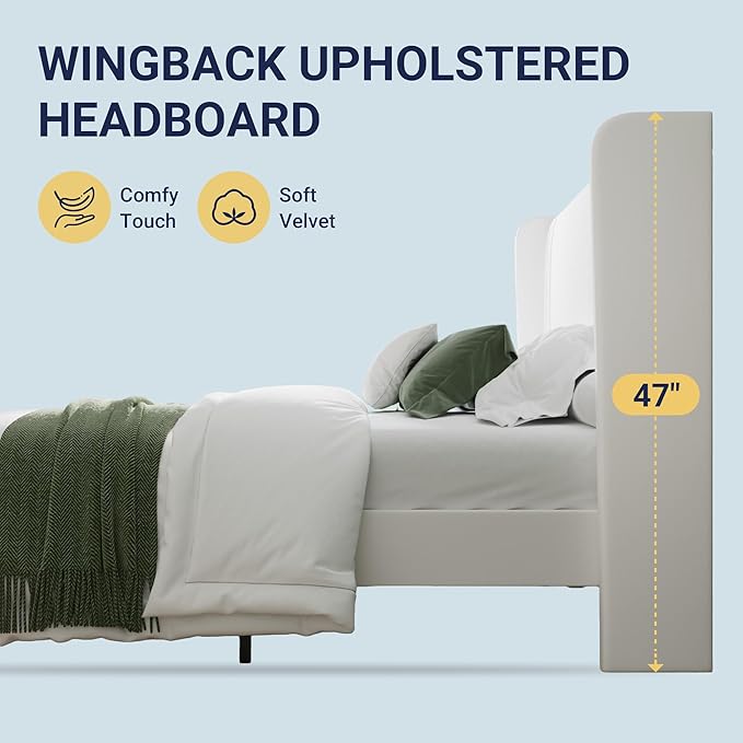Allewie Full Size Velvet Platform Bed Frame with Vertical Tufted Wingback Headboard Easy Assembly Under Bed Storage No Box Spring Required Modern Style White