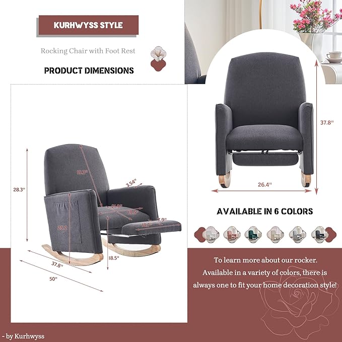 Modern Rocking Chair Nursery Comfy Glider Nursery Chair with Foot Rest Upholstered Rocker with Pocket Accent Reading Armchair with Solid Wood Base for Living Room Bedroom Lounge Room (Dark Gray)