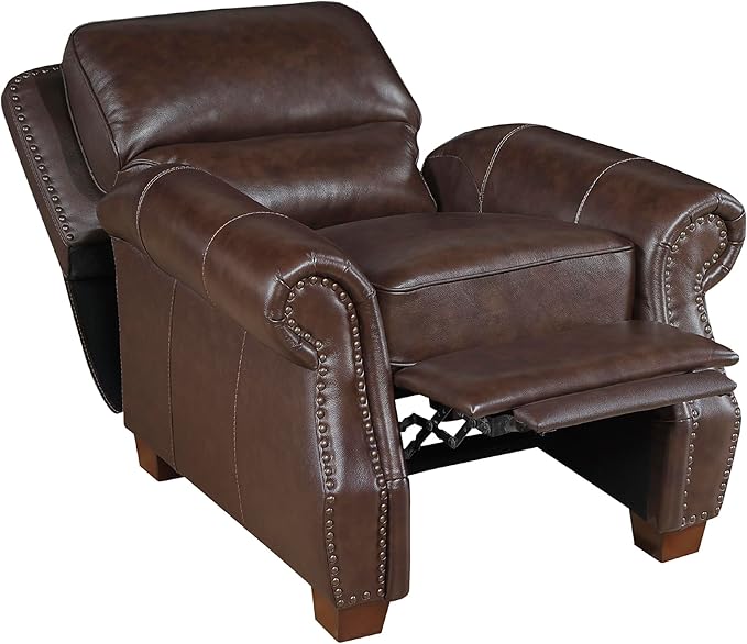 Lexicon Push Back Reclining Chair Top Grain Leather Match Push Back Recliner Chair with Nailhead Trim Rolled Arms Solid Wood Legs for Living Room/Apartment/Office Easy Assembly Brown