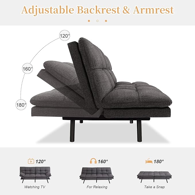 Opoiar Futon Sofa Bed Modern Memory Foam Sleeper Sofa Convertible Grey Couch Adjustable Armrest&ampBackrest Leather Futon for Living SpaceApartmentOffice Sofabed
