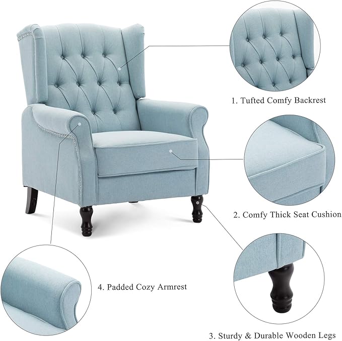 Artechworks Winged Fabric Modern Accent Chair Tufted Arm Club Chair Linen Single Sofa with Wooden Legs Comfy Upholstered for Reading Living Room Bedroom OfficeLight Blue