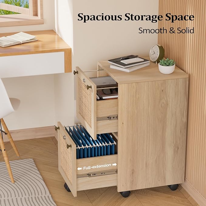 VINGLI 2 Drawer File Cabinet with Lock Rolling File Cabinets for Home Office Small Printer Stand Wood Rattan Oak File Organizer Under Desk Filing Cabinet on Wheels for Folders with Tabs