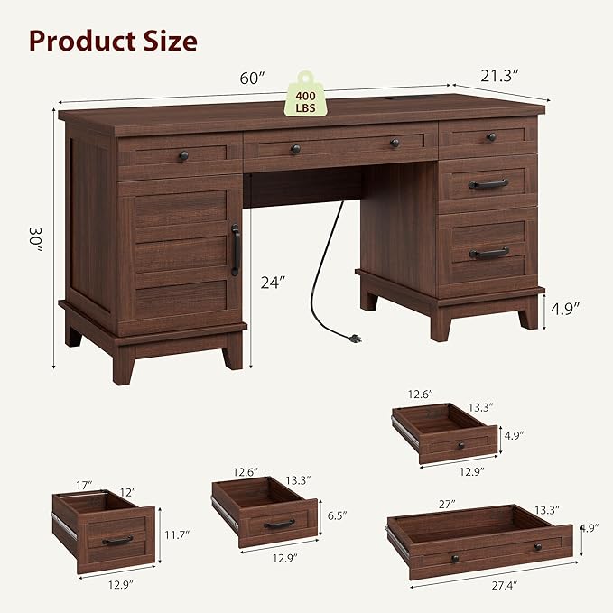 GarveeHome Executive Desk with File Drawers Farmhouse Home Office Desk with Charging Station 60 in Wooden Computer Desk with Cabinet Storage for Work Study Writing Walunt Brown