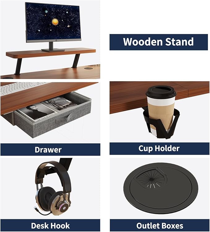 Electric Standing Desk with Drawer 63x30 Inches Height Adjustable Sit Stand Up Desk with Storage Shelf Home Office Desk Computer Workstation with Walnut Top/Black Frame