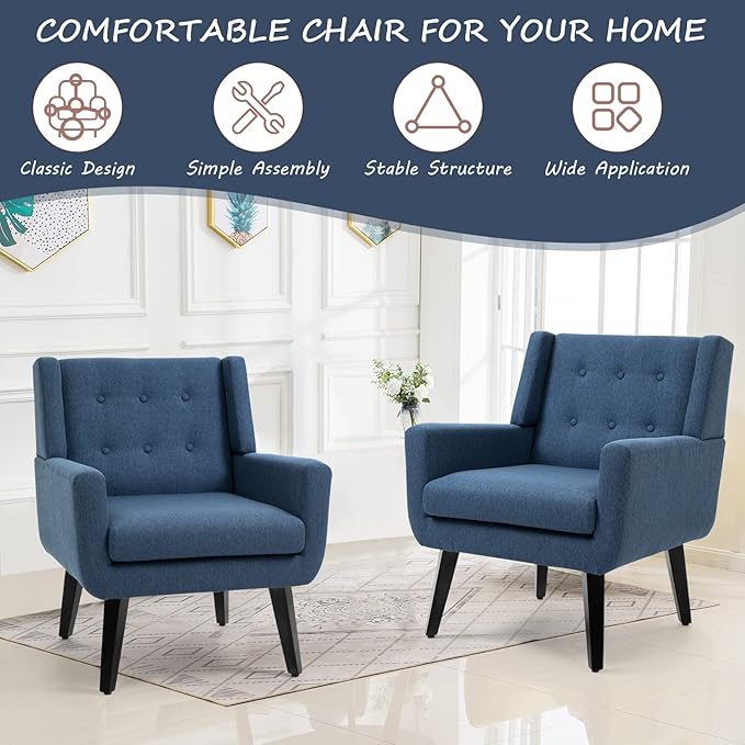 AVAWING Set of 2 Morden Accent Chair Mid-Century Modern Upholstered Sofa Chair with Rubber Wood Legs Comfy Linen Fabric Armchair for Living Room Bedroom Office (Blue)
