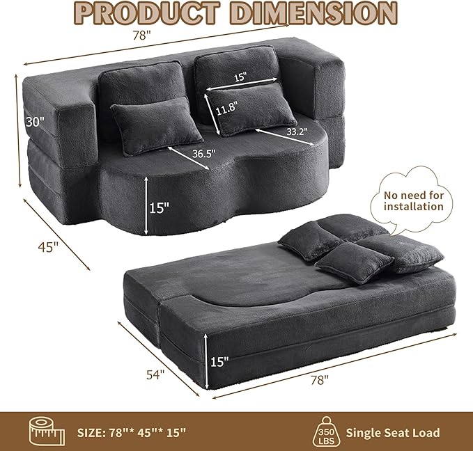 78 Plush Fabric Folding Floor Sofa Couch BedConvertible Folding Sofa Bed Full Size Love Seat Sleeper Bed with 4 Pillows for Living Room Apartment Office (Plush Fabric+Gray)