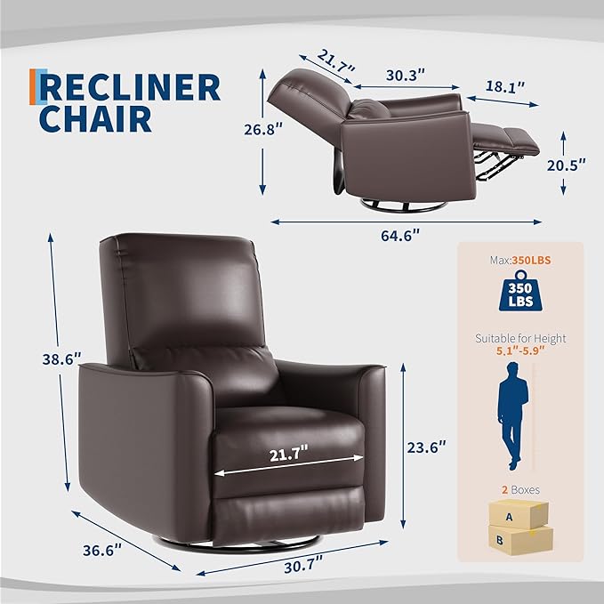 GarveeHome Recliner Chair 360° Swivel Rocker Glider Nursery Chair with Padded Armrest and Deep Seat PU Leather Upholstered Reclining Sofa Chair for Living Room Bedroom and Nursery (Dark Brown)