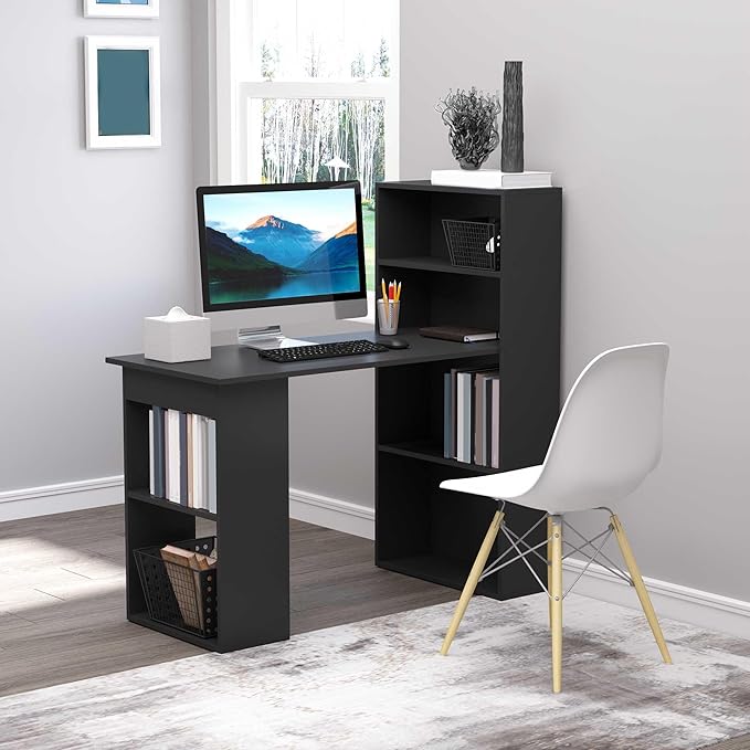 Modern Home Office Desk with 6 Tier Storage Shelves 47 Writing Table with Bookshelf Black