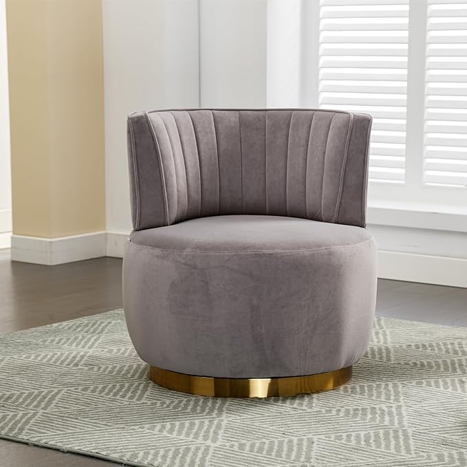 JOYBASE Swivel Accent Chair Round Swivel Barrel Chair with Golden Metal Base Cozy Comfy Lounge Chair Circle Club Chair Armchair Modern Sofa Chair for Living Room Bedroom (Grey Velvet)