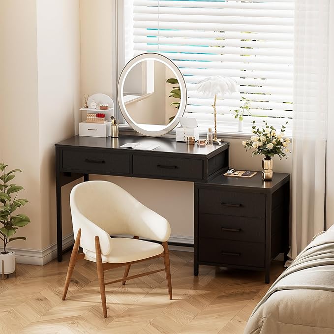 Unikito Reversible Computer Desk with 5 Drawers Sturdy Office Desk with Power Outlets and USB Ports Corner Writing Table with File Cabinet &amp Printer Stand Vanity Desk with Storage Black