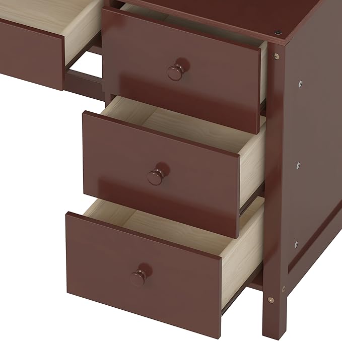 Wooden 40'' Home Office Desks with Bookshelf and Upholstered Chair Versatile Writing Desk Office Study Workstation with 4 Drawers and Storage Shelf for Office Study Room Bedrooms (Espresso-Wood)