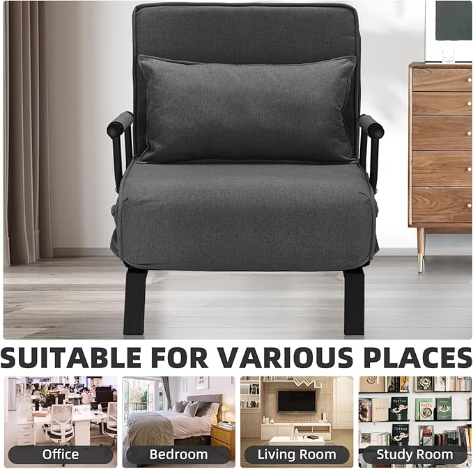 Folding Sofa Bed Sleeper Chair3-in-1 Single Convertible Sofa with Adjustable BackrestLazy Bed Leisure Recliner with PillowTri-fold Upholstered Armchair (Dark Gray Large)