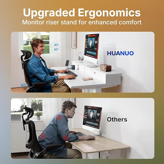HUANUO 32 x 21 inch Small Electric Standing Desk with 2 Drawers C-Clamp Mount Compatible Height Adjustable Sit Stand Desk Home Office Stand Up Desk with 4 Memory Height Settings White