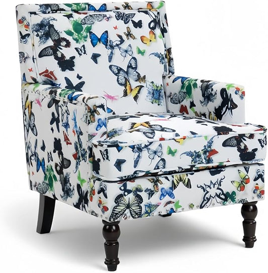 Butterfly Accent Chair Floral Print Armchair for Living Room Bedroom Cute Upholstered Reading Chair for Small Space Cotton Fabric with Solid Rubberwood Legs（Butterfly）