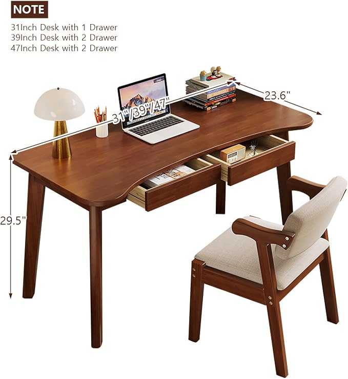 Computer Desk with 2 Drawers Modern Home Office Desk Study Table Curved Solid Wood Writing Desk(47 Inch White)