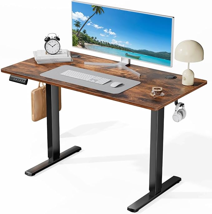Electric Standing Desk 48 x 24 Inches Lift Motorized Gaming Table with T-Shaped Metal Ergonomic Memory Controller Home Office Desk Computer Desk Brown