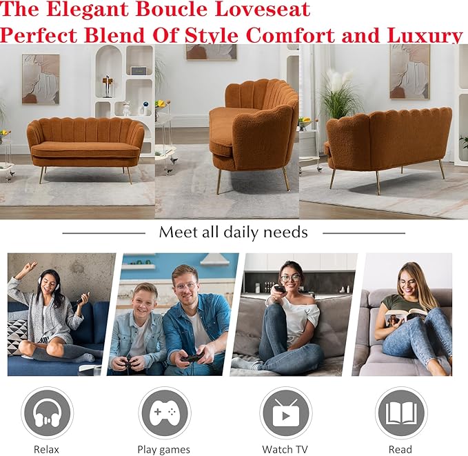 Modern Boucle Loveseat CouchFuton Small Sofa with Gold Metal Legs 2-Seater Upholstered Mini Sofa Couches for Small SpaceLiving Room Bedroom Office Dorm Studio Apartment Love Seat Couche(Brown)
