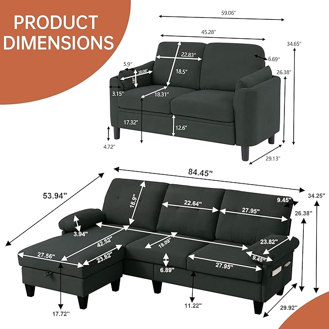 5 Seat Sectional Sofa Set for Living Room Set 2 PCS Modern Couch Set 84 Width 3 Seat Couch &amp Loveseat with Ottoman and Thick Cushion(3+2 Seat/Black)