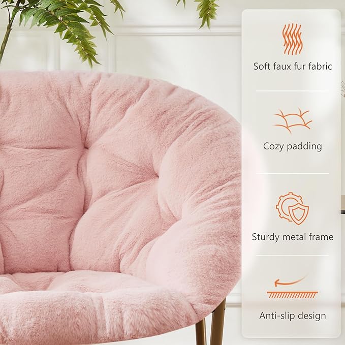 DUMOS Saucer Chair for Adults Teens Faux Fur XL Circle Chair for Bedroom Dorm &amp Gaming Foldable Comfy Accent Seat for Small Spaces Oversized Style Thick Padded Meatal Frame