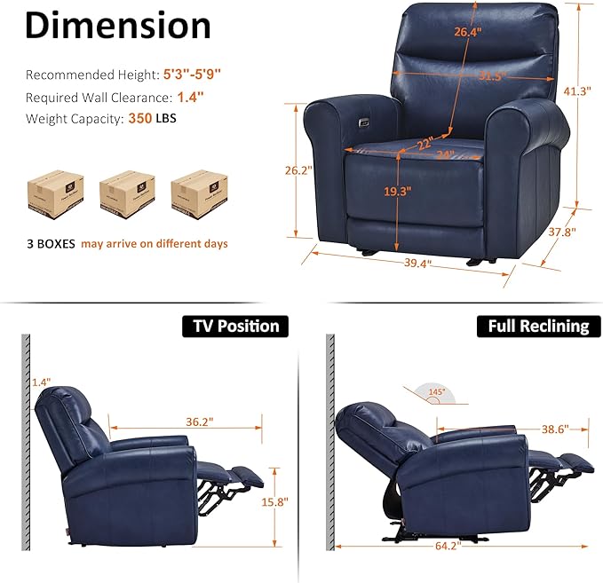 MCombo Power Wall Hugger Recliner Chair for Small Space RV Living Room USB &amp USB-C Charging Ports Modern Rolled Arm Recliner Faux Leather PR630 (Navy Blue Medium)