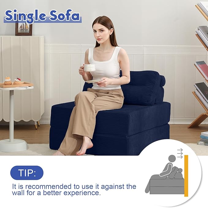 MeMoreCool Folding Sofa Bed Single – Convertible Sleeper Chair with Pillow Navy | Foldable Mattress Back Support Portable Fold Out Chair Bed Comfy Floor Sofa Lounge for Living Room Bedroom