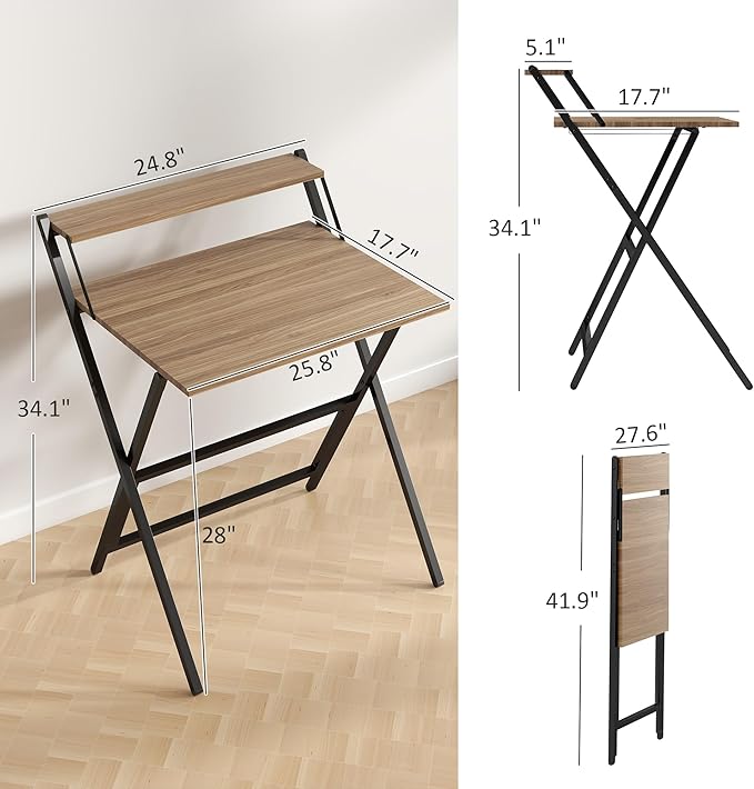 HOMCOM Small Folding Desk 27.6 Inch Foldable Computer Desk with Monitor Shelf Space Saving Portable Writing Table for Small Spaces Home Office Study Easy Assembly Walnut
