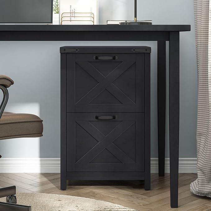 2 Drawer Small File Cabinet Farmhouse Vertical Filing Cabinet Fits Letter and A4 Size Under Desk Wooden File Cabinets for Home Office Printer Stand Black