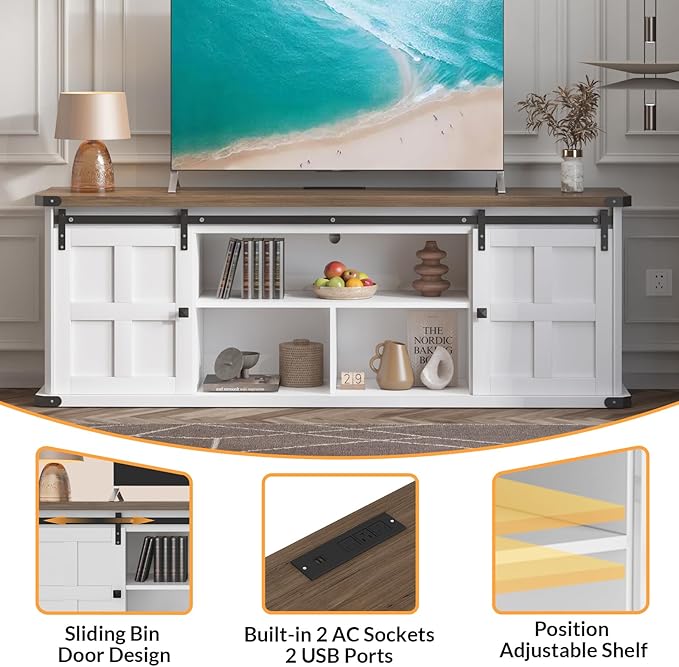 GAOMON 70 Farmhouse TV Stand for 80/75/70 Inch TVsEntertainment Center Storage Cabinets w/Power Outlets and Sliding Barn DoorRustic TV Stands for Living RoomMedia Console Cabinet (White+Brown)