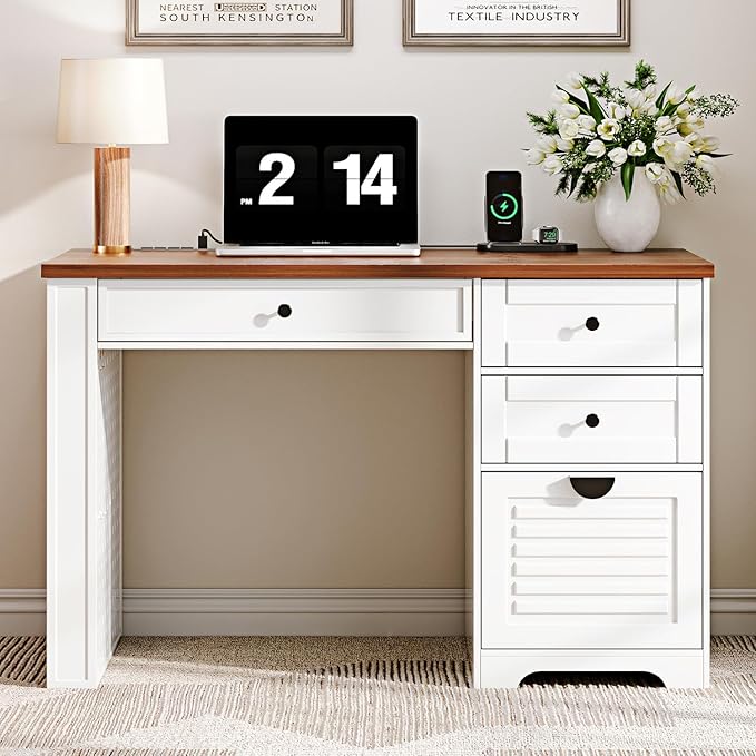 47 Home Office Desks Executive Desk Farmhouse Computer Desk with Drawers and Charging Station File Drawer Storage Cabinet Rustic Computer Writing DeskAntique White